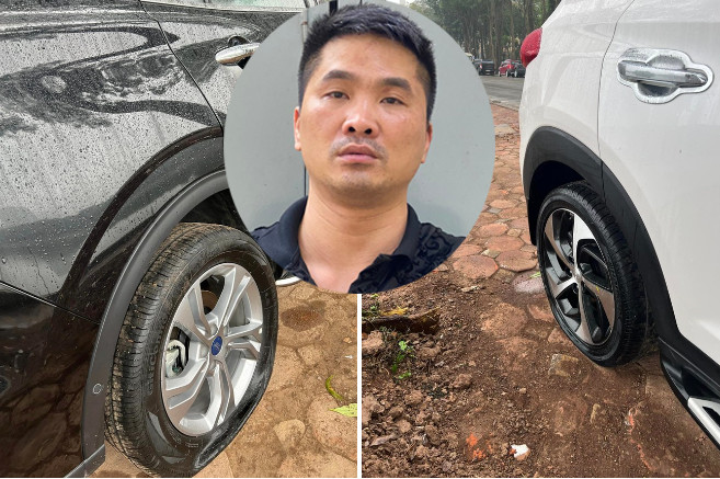 Ô tô bị chọc thủng lốp (Ảnh FB) và đối tượng Toàn (ảnh nhỏ). Ô tô bị chọc thủng lốp (Ảnh FB) và đối tượng Toàn (ảnh nhỏ).
