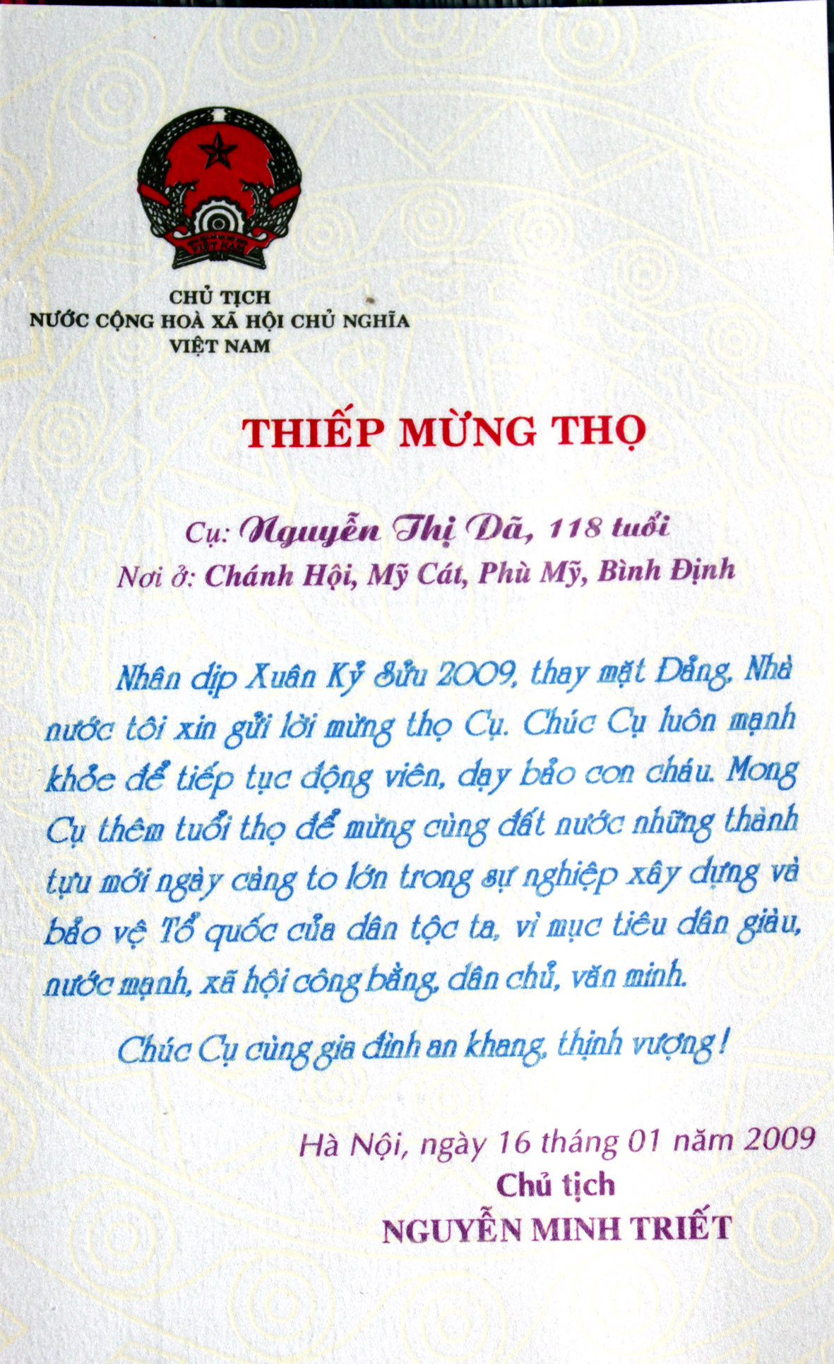 Thiệp mừng thọ của nguyên Chủ tịch nước Nguyễn Minh Triết