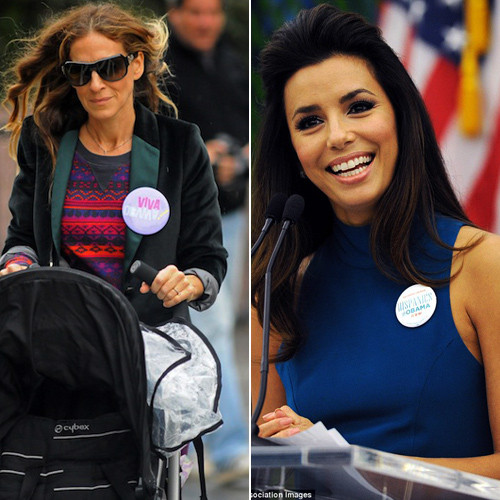 Sarah Jessica Parker và Eva Longoria chọn cách đeo huy hiệu - một cách nhẹ nhàng để bày tỏ sự tôn trọng và ủng hộ Barack Obama