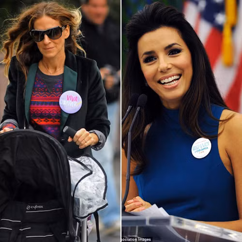 Sarah Jessica Parker và Eva Longoria chọn cách đeo huy hiệu - một cách nhẹ nhàng để bày tỏ sự tôn trọng và ủng hộ Barack Obama
