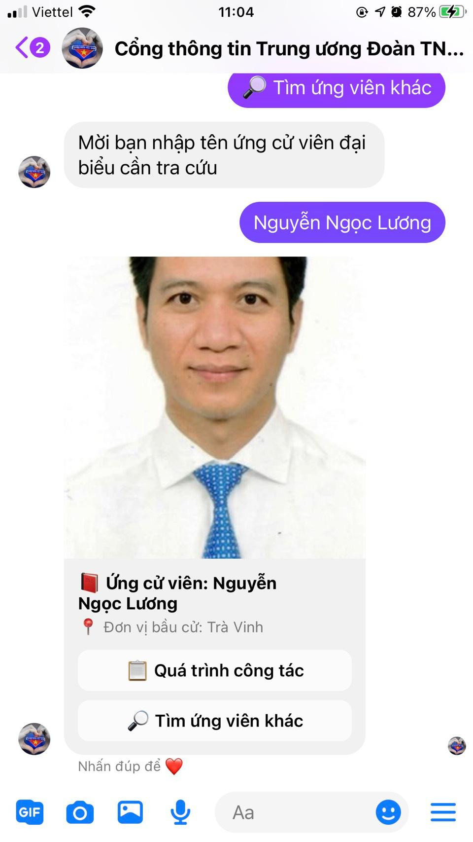 Khi sử dụng chatbot chỉ cần gõ tên ứng cử viên bạn đọc sẽ nhận được đầy đủ thông tin, hình ảnh chính xác và nhanh nhất của từng ứng cử viên đó