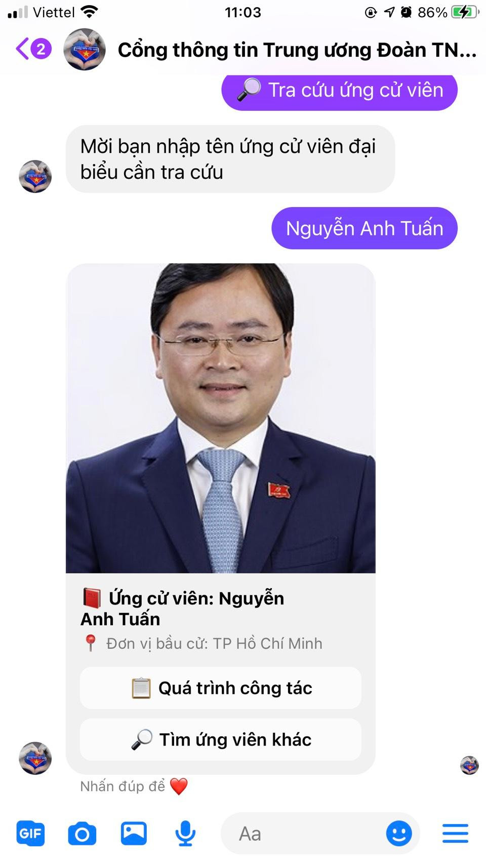Khi sử dụng chatbot chỉ cần gõ tên ứng cử viên bạn đọc sẽ nhận được đầy đủ thông tin, hình ảnh chính xác và nhanh nhất của từng ứng cử viên đó