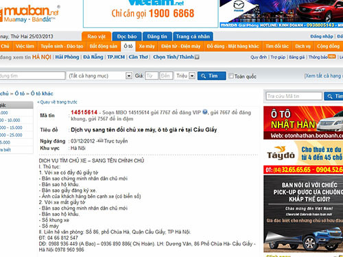 Một trang mạng rao dịch vụ đăng ký sang tên đổi chủ xe máy, ô tô