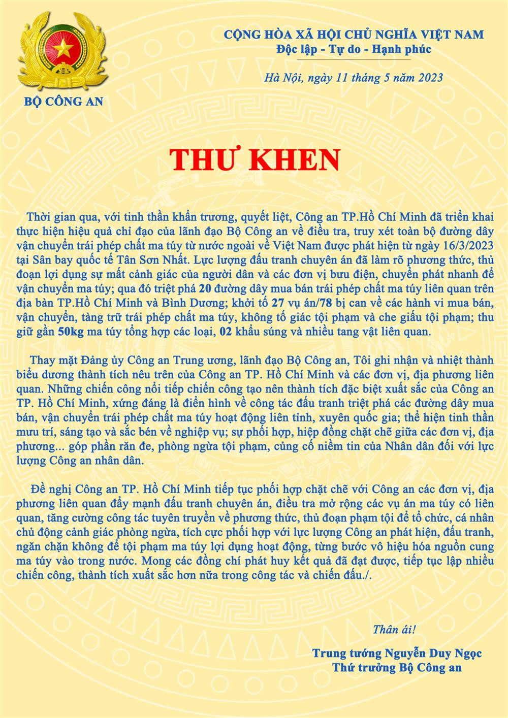 Thư khen của Bộ Công an. Thư khen của Bộ Công an.