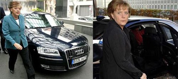 Thủ tướng Đức Angela Merkel sở hữu Audi A8L, phiên bản chống đạn với trục cơ sở dài của chiếc sedan hạng sang A8. Chiếc xe sang của nữ Thủ tướng Đức được trang bị một bàn làm việc, hệ thống điều hòa riêng biệt, hai ghế sau có thể ngả hẳn ra sau để thủ tướng nghỉ ngơi hoặc nâng lên hạ xuống theo ý muốn