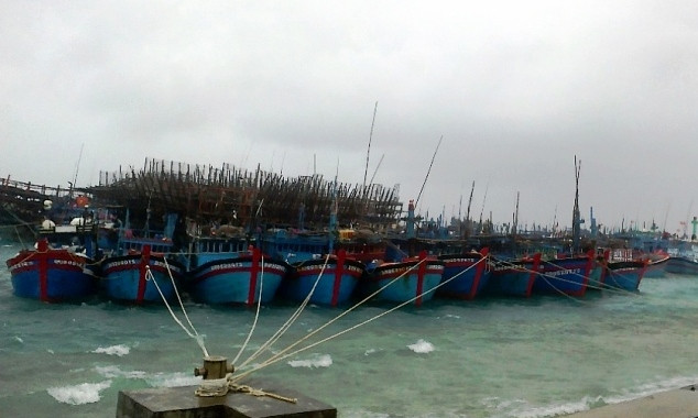 Tàu cá tránh bão tại âu tàu đảo Song Tử Tây. Ảnh do Thượng tá Nguyễn Trọng Bình gửi Tàu cá tránh áp thấp tại âu tàu dảo Song Tử Tây