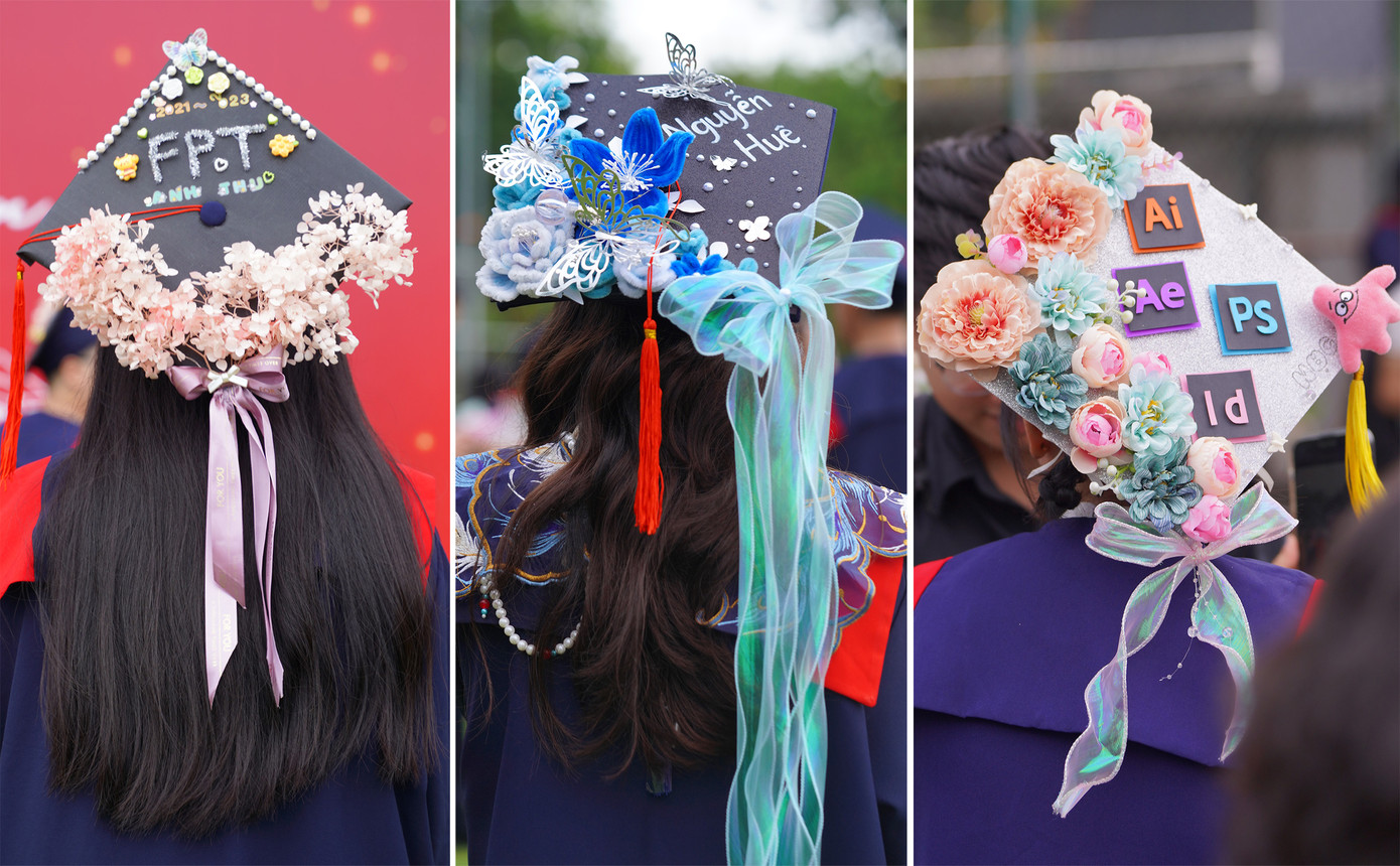 Các bạn sinh viên trang trí mũ tốt nghiệp. Ảnh: BTC
