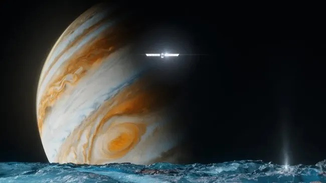 Hình minh họa tàu vũ trụ phía trên bề mặt băng giá của Europa. (Ảnh: NASA/JPL-Caltech) Hình minh họa tàu vũ trụ phía trên bề mặt băng giá của Europa. (Ảnh: NASA/JPL-Caltech)