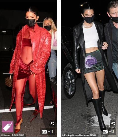 Trong khi cô chị Kendall Jenner (phải, SN 1995) khoe đôi chân thon dài và vòng 2 phẳng lì với váy áo ngẵn cũn thì em gái tỷ phú Kylie Jenner (SN 1997) mặc áo ngực quây bé xíu và chiếc quần váy lệch cạp lạ mắt.