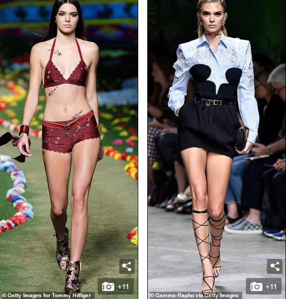 Kendall Jenner trình diễn cho Tommy Hilfiger năm 2014 (trái) và cho Versace năm 2019 (phải). Kendall Jenner trình diễn cho Tommy Hilfiger năm 2014 (trái) và cho Versace năm 2019 (phải).