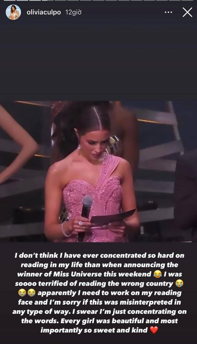 Theo đó, Olivia khẳng định, không có thắc mắc hay bất mãn gì với kết quả cuộc thi. Cô có biểu cảm “khó hiểu” là vì đang tập trung cao độ để đảm bảo không bị mắc lỗi khi đọc tên trên giấy.