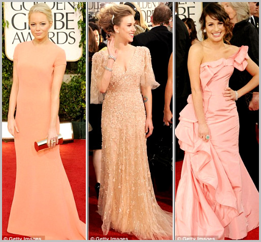 Sự xuất hiện đáng chú ý của gam màu hồng đào Angelina Jolie với chiếc váy màu xanh lộng lẫy sát vai cùng Brad Pitt Nicole Kidman và Heidi Klum Gam màu đen cổ điển, truyền thống, vẫn được ưa chuộng Helena Bonham Carte với đôi giày 2 màu và Julia Kurbatova trong chiếc váy màu xanh dương Sao đụng màu đỏ gợi cảm và quyến rũ Màu xanh dương đậm quý phái Màu trắng tinh khôi Gam màu vàng đem đến sự nổi bật cho các phái đẹp 2 quý cô béo Amber Riley and PGabourey Sidibe xuất hiện với những chiếc váy lấp lánh