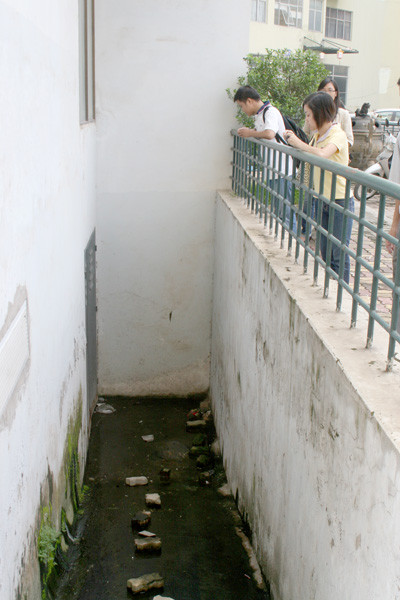 Nước thải chảy lênh láng và bốc mùi xung quanh tòa nhà