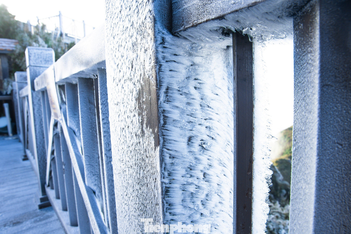 Băng bám dày trên lan can ngắm cảnh.