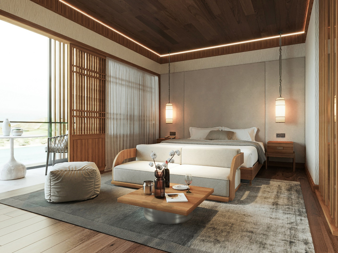 Nội thất phong cách thiền đề cao các vật liệu tự nhiên, trong đó gỗ thông Nam Mỹ, gỗ Ash hoàn thiện màu tự nhiên, chống cháy, tiêu chuẩn United Kingdom… mang đến vẻ đẹp thanh lịch cho căn villa