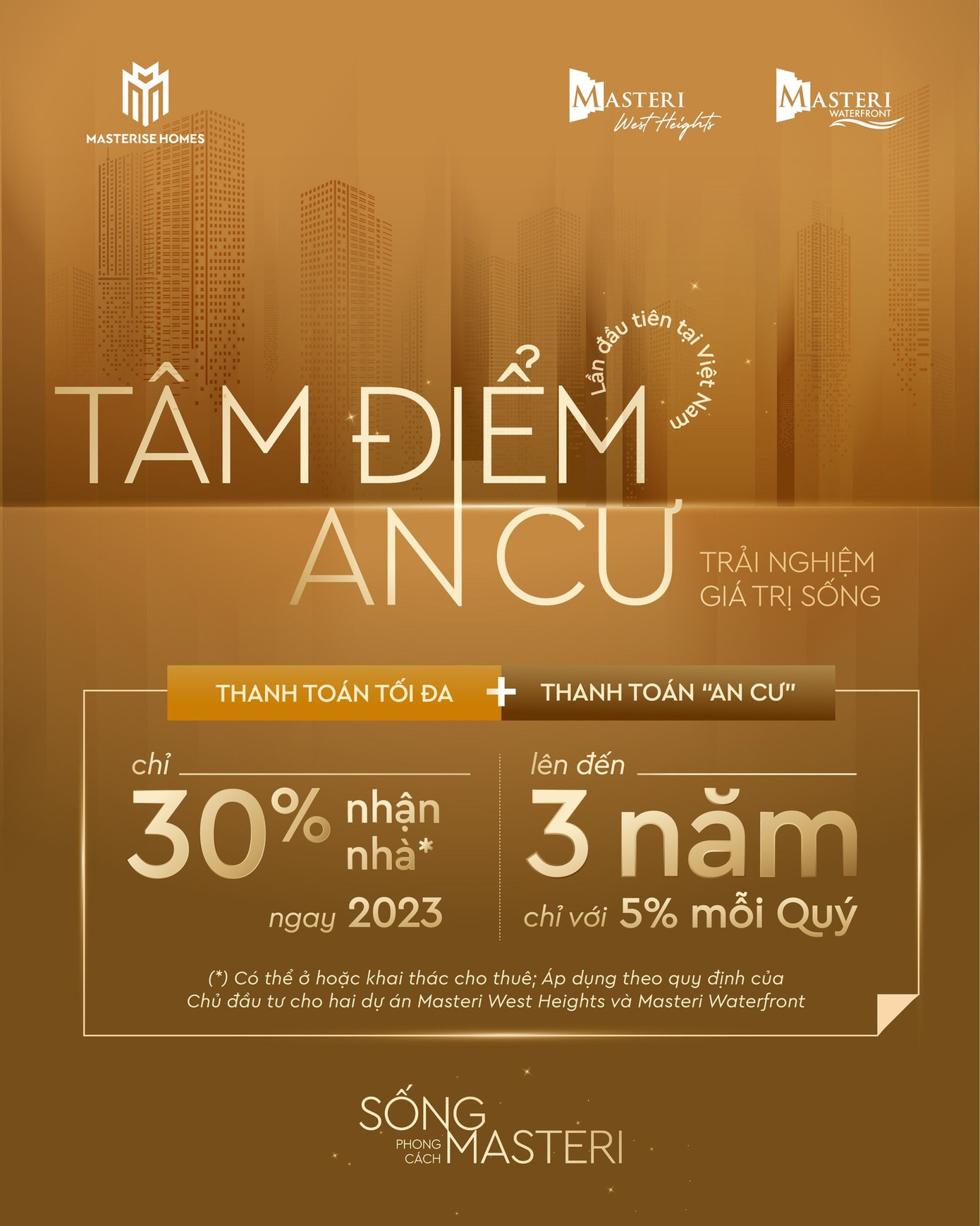 Theo chương trình "Tâm điểm an cư - Trải nghiệm giá trị sống" của Masterise Homes, khách hàng chỉ cần thanh toán tối đa 30% giá trị căn hộ sẽ được nhận ngay căn hộ để ở hoặc khai thác cho thuê trong năm 2023. Đồng thời, được hưởng gói chính sách "Thanh toán an cư" chỉ với 5%/Quý trong vòng 3 năm. Theo chương trình "Tâm điểm an cư - Trải nghiệm giá trị sống" của Masterise Homes, khách hàng chỉ cần thanh toán tối đa 30% giá trị căn hộ sẽ được nhận ngay căn hộ để ở hoặc khai thác cho thuê trong năm 2023. Đồng thời, được hưởng gói chính sách "Thanh toán an cư" chỉ với 5%/Quý trong vòng 3 năm.
