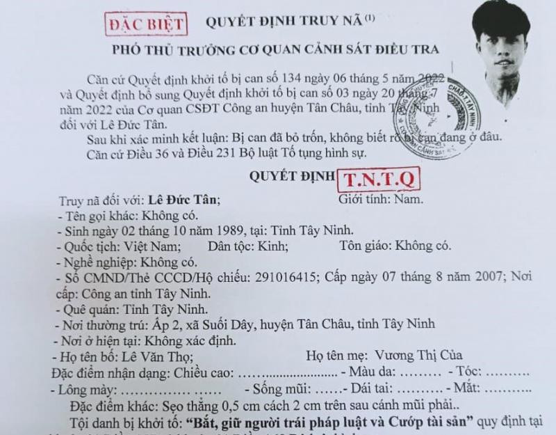 Lệnh truy nã Lê Đức Tân.