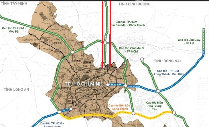 Sơ đồ cao tốc TPHCM - Chơn Thành (hai gạch đỏ) đoạn qua tỉnh Bình Dương