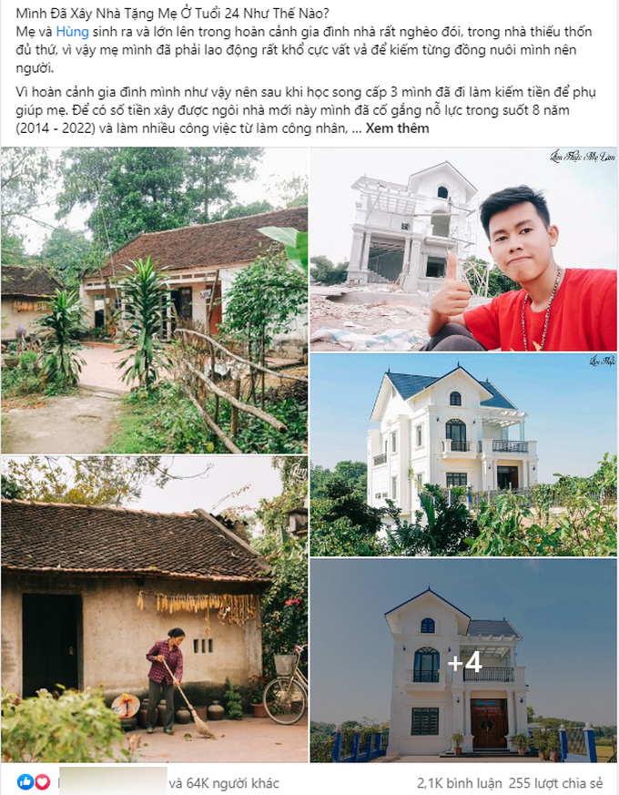 Bài đăng chia sẻ về ngôi nhà khang trang mà chàng YouTuber 26 tuổi xây tặng mẹ nhận "bão" tương tác trên mạng xã hội (Ảnh chụp màn hình).