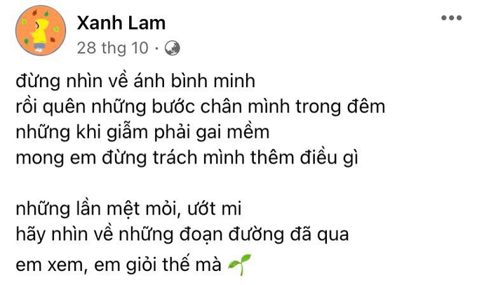 Một trong hàng trăm bài thơ đã hóa "chiếc khăn mùi xoa", lau nước mắt cho độc giả của Xanh Lam (Ảnh: NVCC). Một trong hàng trăm bài thơ đã hóa "chiếc khăn mùi xoa", lau nước mắt cho độc giả của Xanh Lam (Ảnh: NVCC).