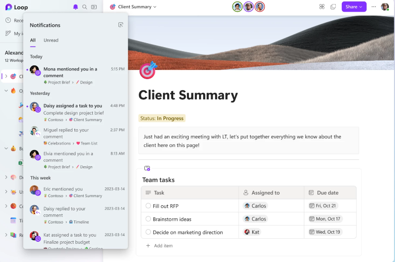 Tương tự như các phần mềm làm việc nhóm khác, Loop cho phép người dùng tạo ra một không gian làm việc có thể chia sẻ cho tối đa 50 người. Tương tự như các phần mềm làm việc nhóm khác, Loop cho phép người dùng tạo ra một không gian làm việc có thể chia sẻ cho tối đa 50 người.