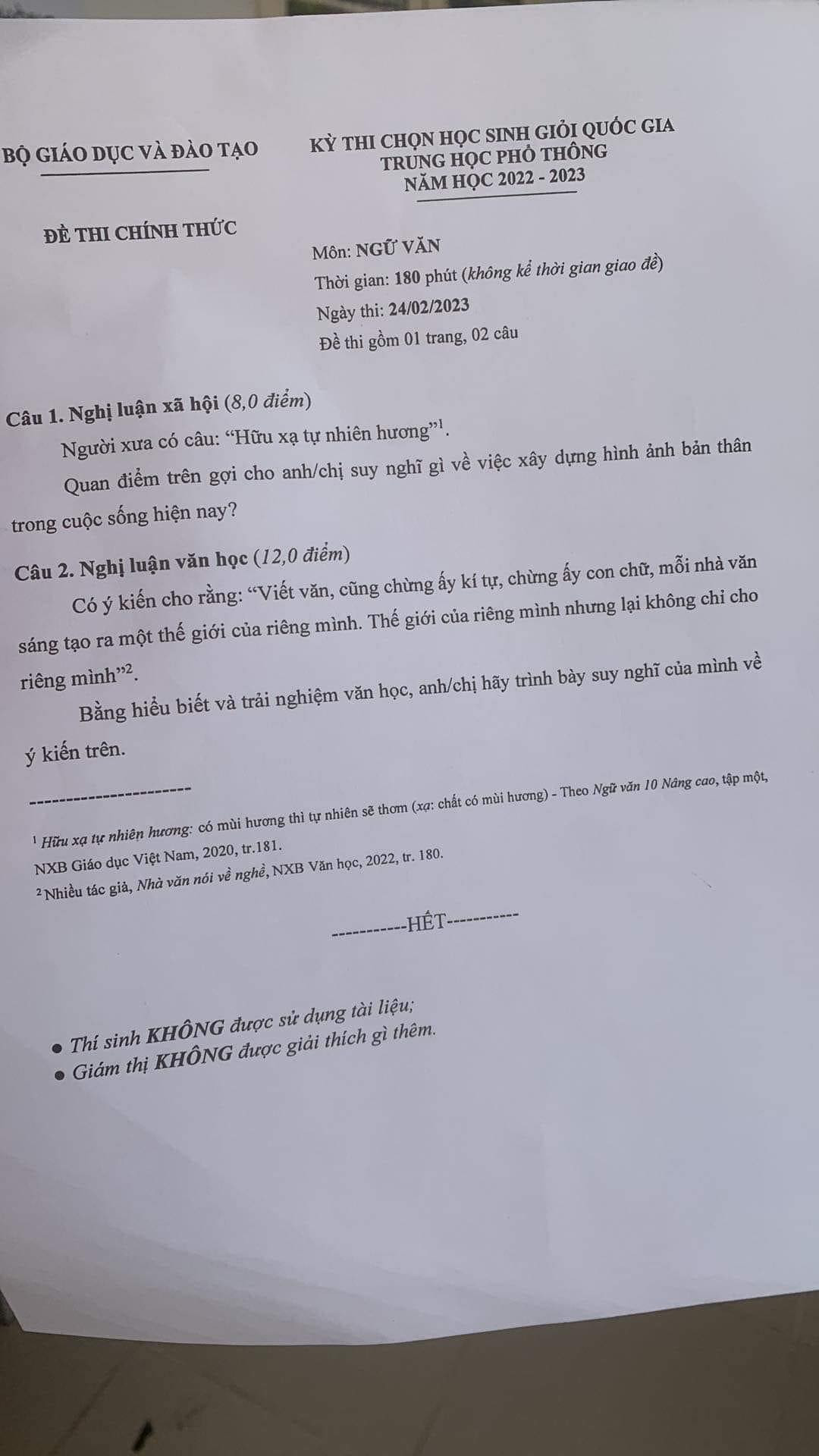 Đề thi môn Ngữ Văn Học sinh giỏi quốc gia năm 2023. Ảnh: Blog Chuyên Văn Đề thi môn Ngữ Văn Học sinh giỏi quốc gia năm 2023. Ảnh: Blog Chuyên Văn