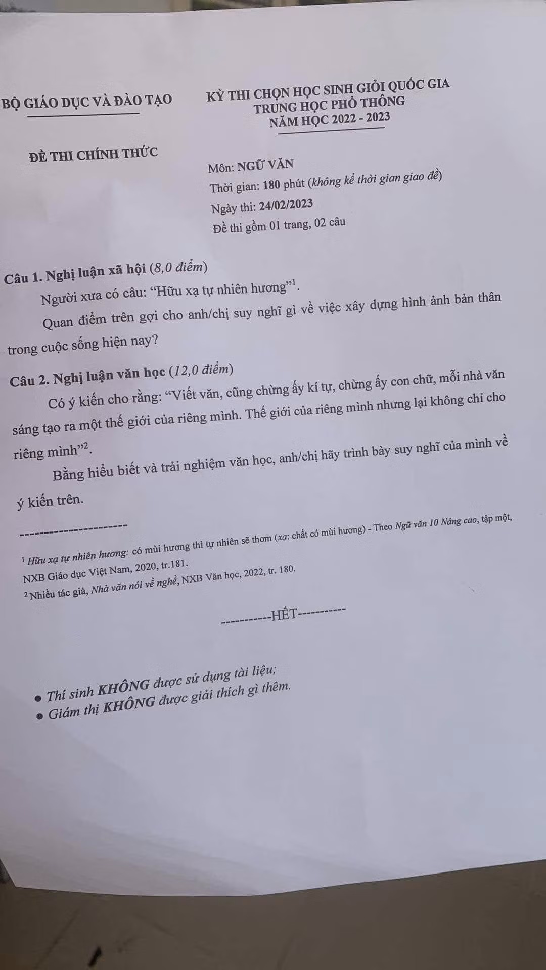Đề thi môn Ngữ Văn Học sinh giỏi quốc gia năm 2023. Ảnh: Blog Chuyên Văn