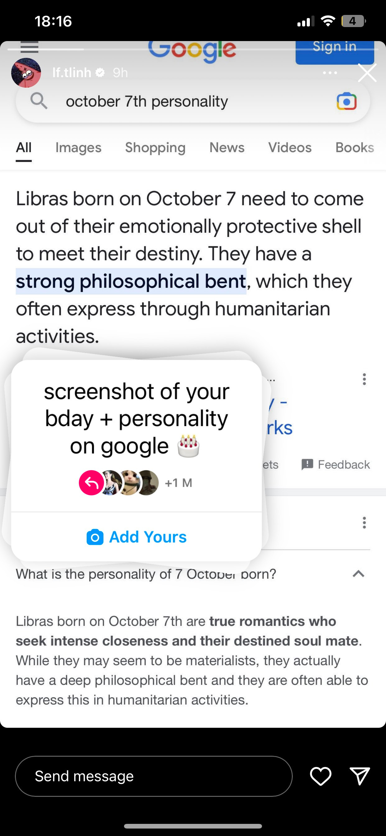 tlinh lại được đánh giá là một người lãng mạn và luôn muốn tìm ra "mai đẹt-ti-ni". tlinh lại được đánh giá là một người lãng mạn và luôn muốn tìm ra "mai đẹt-ti-ni".