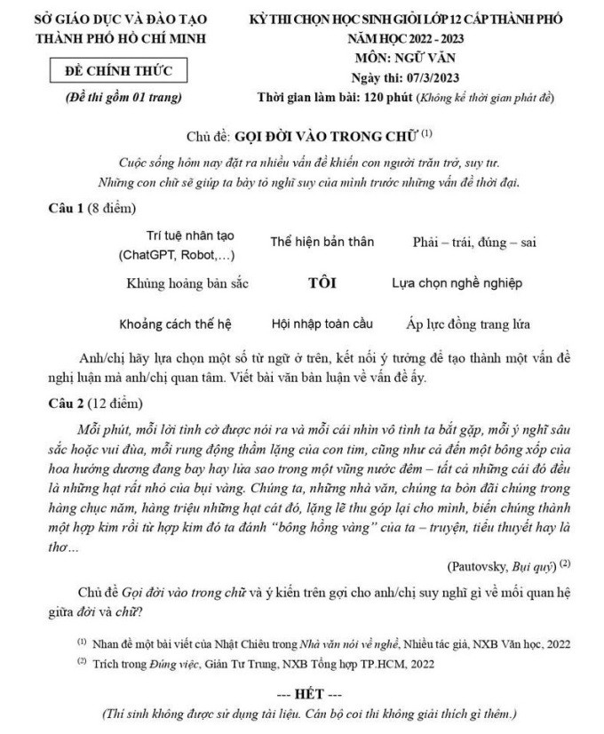 Đề thi học sinh Giỏi môn Ngữ Văn tại TP.HCM.