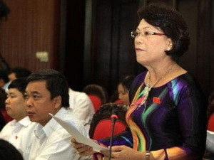 Đại biểu Quốc hội tỉnh Bình Định Phạm Thị Thu Hồng phát biểu ý kiến. Ảnh: Nhan Sáng/TTXVN