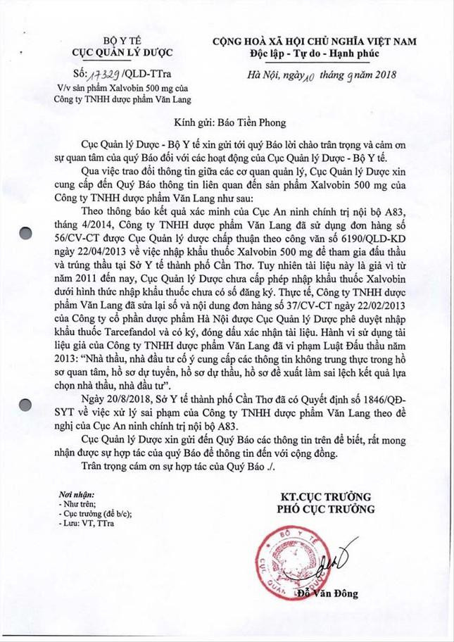 Văn bản Cục Quản lý Dược Bộ Y tế gửi báo Tiền Phong.