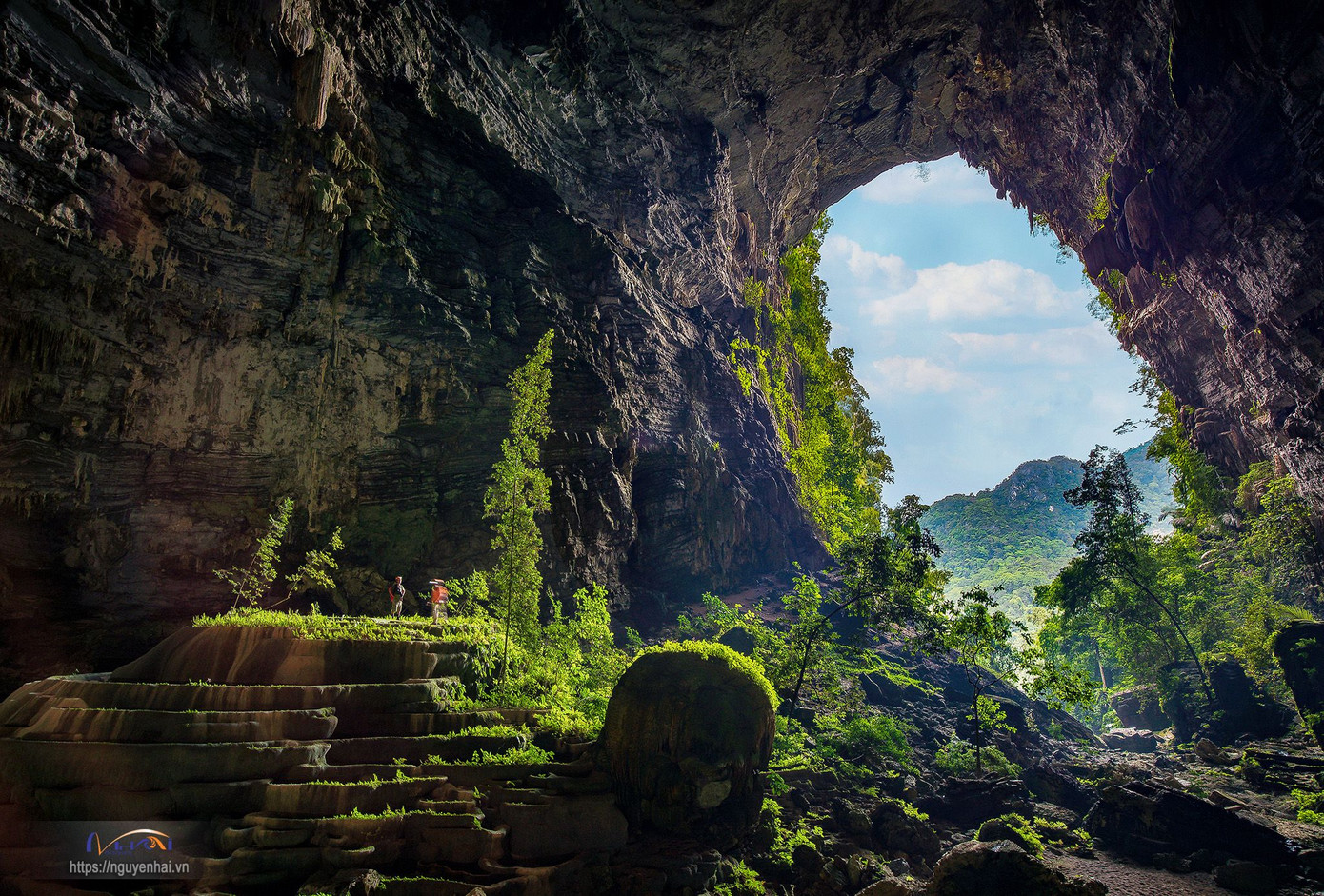 Các khối nhũ dạng ruộng bậc thang ở Hang Tiên 1 (Ảnh: Nguyễn Hải).