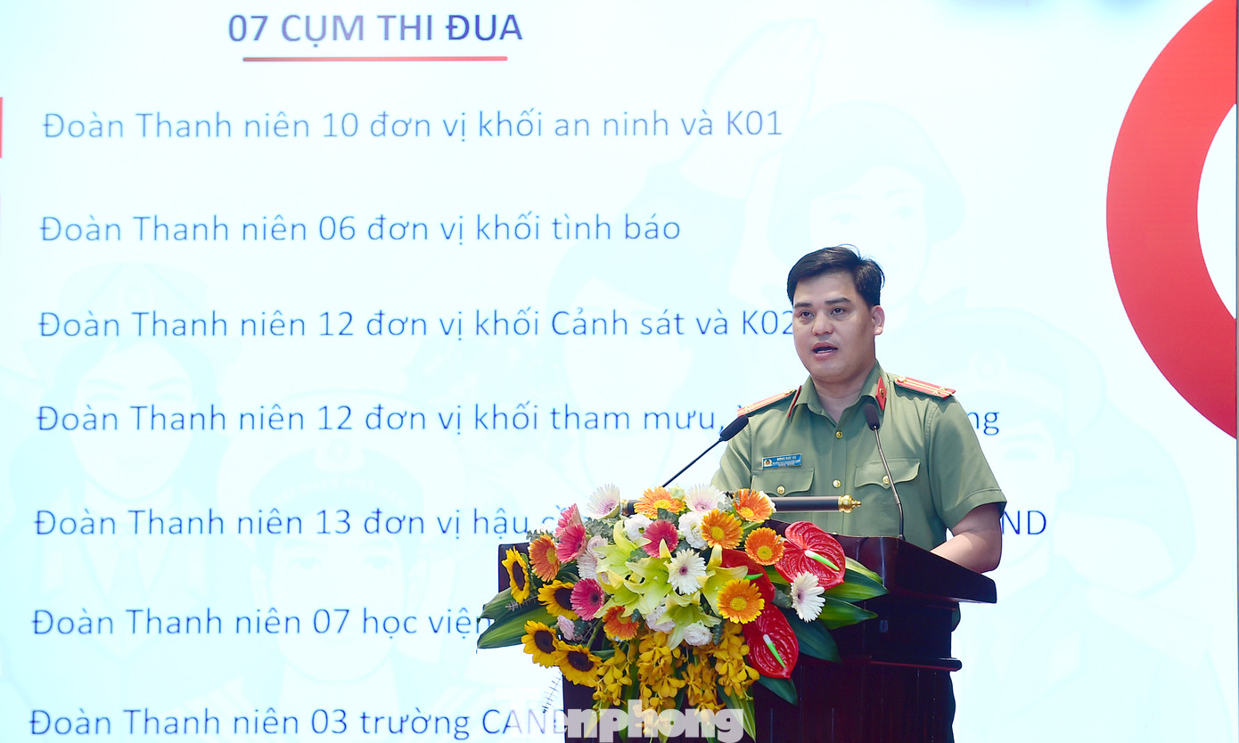 Trung tá Đồng Đức Vũ, Trưởng Ban Thanh niên Bộ Công an trình bày báo cáo tổng kết phong trào "Thanh niên CAND học tập, thực hiện Sáu điều Bác Hồ dạy" giai đoạn 2019 - 2023. Ảnh: Xuân Tùng