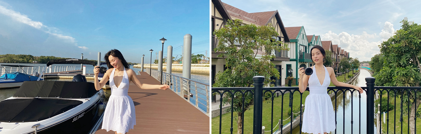 Hà Trúc ngọt ngào trong một chuyến get-away cuối tuần đến với Hồ Tràm. Với cô, NovaWorld Ho Tram ghi đậm dấu ấn bởi phân kỳ Habana Island - khúc nhạc “biển sông hội tụ” đậm chất Mỹ (ảnh trái) và The Tropicana khu đồi chính là câu chuyện cổ đậm chất Âu (ảnh phải)