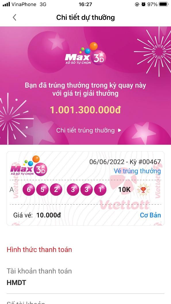 Hình ảnh màn hình trúng thưởng của anh H.H.A.T