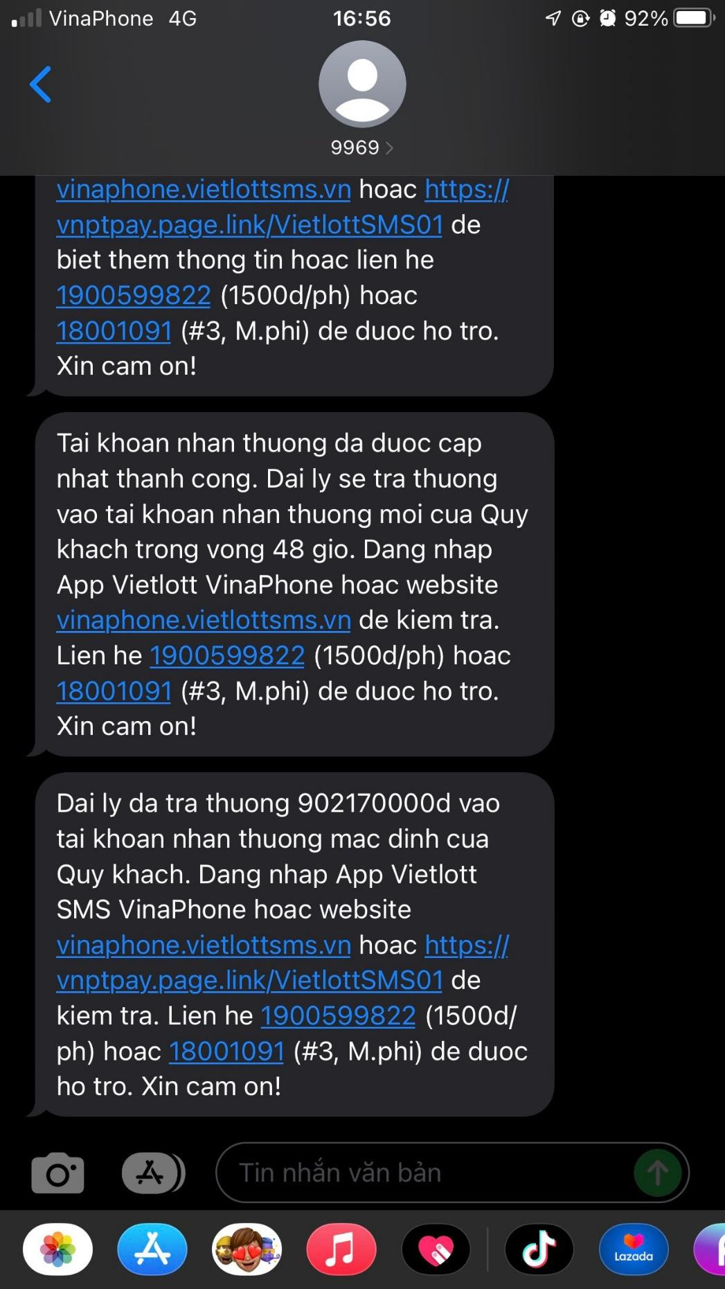 Hình ảnh tin nhắn nhận thưởng vào tài khoản ngân hàng của anh H.H.A.T