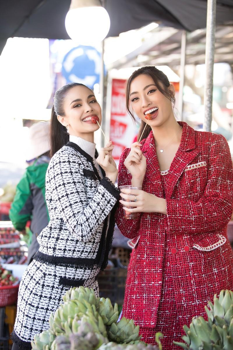 Lương Thùy Linh đã đưa Megan Young đi khám phá cảnh đẹp và ẩm thực của Đà Lạt. Hai người đẹp diện những thiết kế bằng vải tweet cực kỳ thanh lịch, sang trọng.