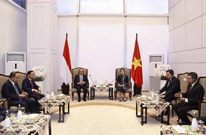 Chủ tịch nước Nguyễn Xuân Phúc hội kiến Chủ tịch Hội đồng Đại biểu nhân dân Indonesia, bà Puan Maharani. (Ảnh: Thống Nhất/TTXVN)