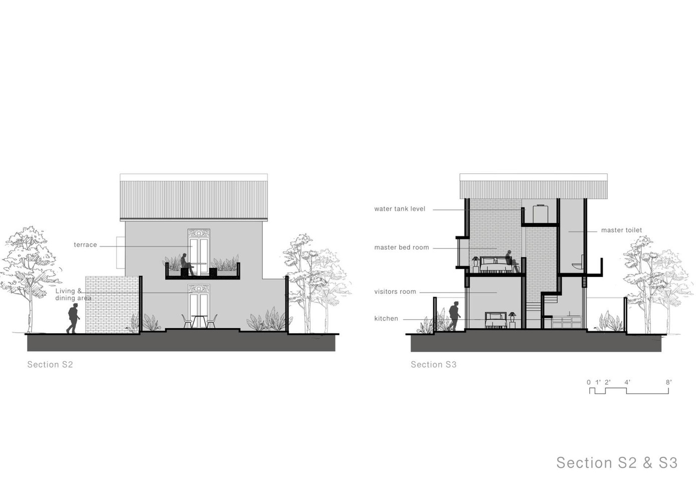 Các khu vực chức năng còn lại được thiết kế thành 2 tầng độc lập, nằm ngăn cách với không gian ăn uống, tiếp khách của gia đình bằng một bức tường lớn kiên cố, kín đáo.