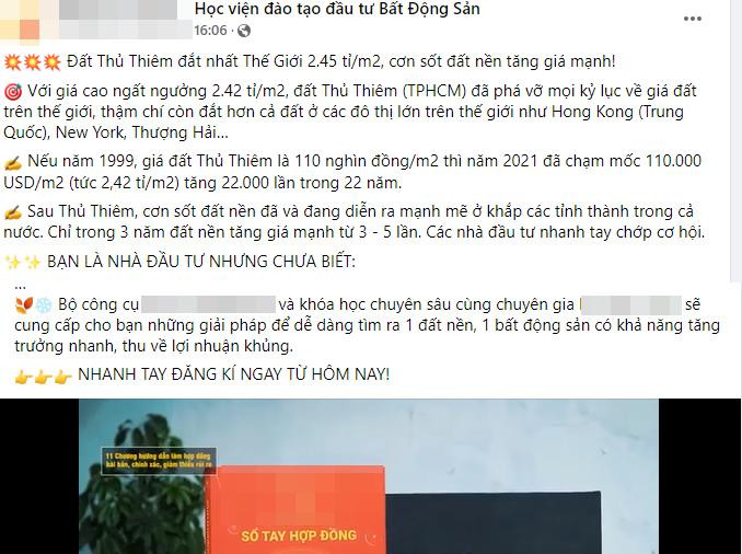 Không chỉ "sóng" tăng giá BĐS, "sóng" ăn theo thông tin đấu giá đất Thủ Thiêm (TPHCM) cũng được nhiều cơ sở, trung tâm đào tạo đầu tư BĐS tận dụng để "chiêu mộ" học viên, nhà đầu tư mới. Không chỉ "sóng" tăng giá BĐS, "sóng" ăn theo thông tin đấu giá đất Thủ Thiêm (TPHCM) cũng được nhiều cơ sở, trung tâm đào tạo đầu tư BĐS tận dụng để "chiêu mộ" học viên, nhà đầu tư mới.