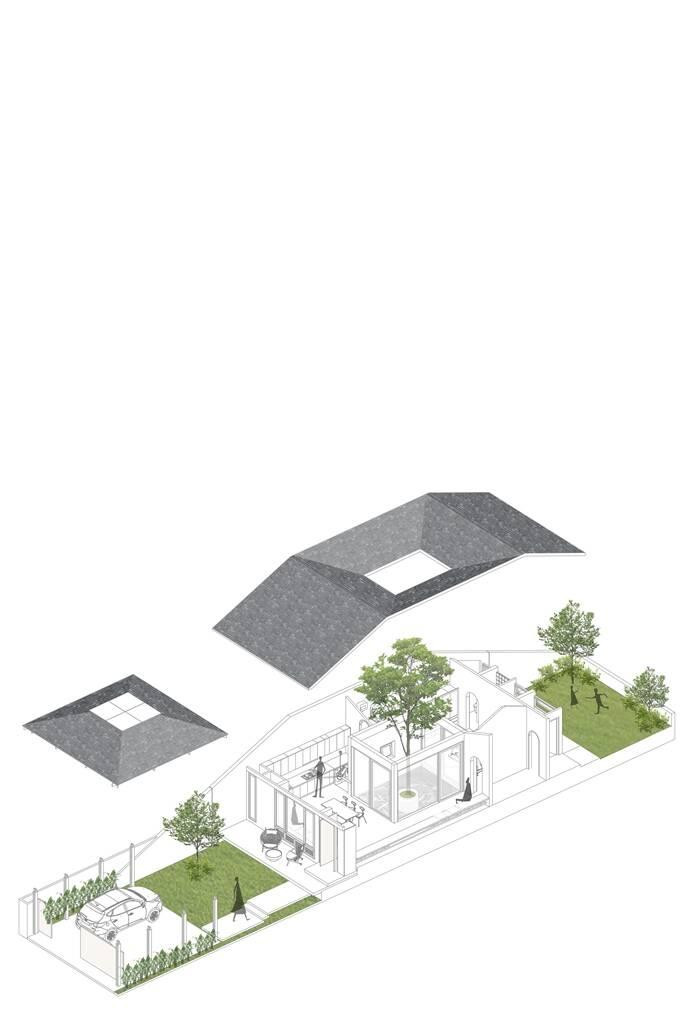 Bố cục ngôi nhà chia thành 4 khu vực. Từ cổng vào là khu vực gara để xe, tiếp đến là khu vườn trồng hoa và một số loại cây yêu thích của gia chủ, khu vực tiếp theo là khối nhà chính và cuối cùng là vườn rau.