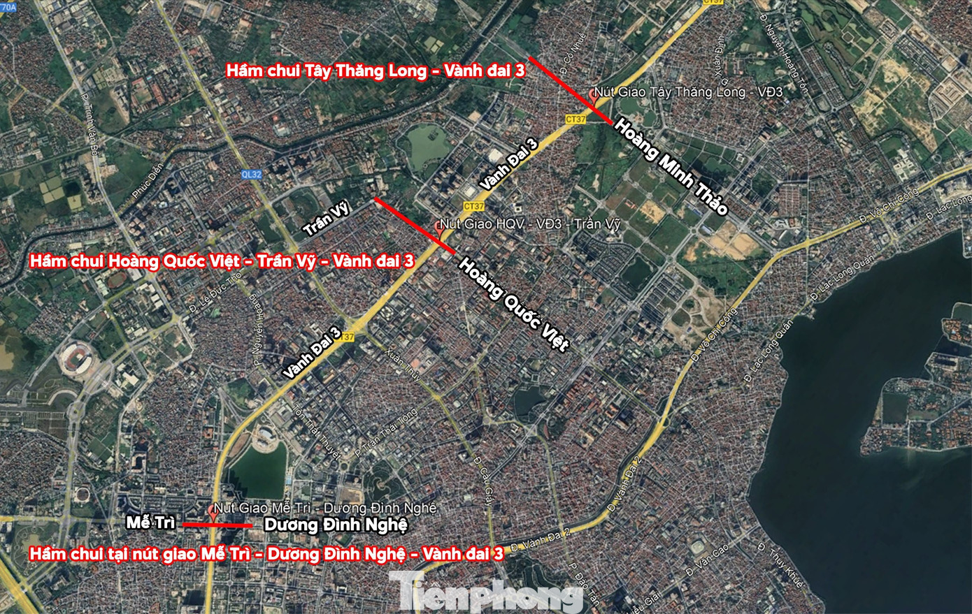 Để tháo gỡ tình trạng ùn tắc giao thông kéo dài tại các nút giao, Sở Giao thông vận tải Hà Nội đề xuất xây dựng hầm chui chạy xuyên tuyến vành đai 3, gồm nút giao Mễ Trì - Dương Đình Nghệ, Hoàng Quốc Việt - Trần Vỹ và Tây Thăng Long - vành đai 3. Dự kiến, 3 dự án này có tổng mức đầu tư gần 4.500 tỷ đồng. Ảnh: Google maps