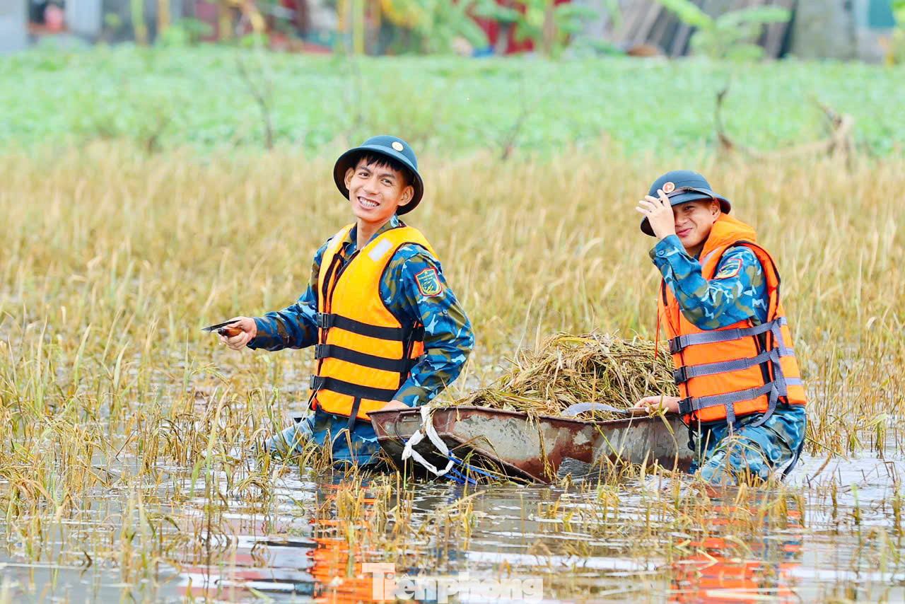 Bất chấp thời tiết có mưa, nhiều khu vực ruộng ngập sâu đến hơn 1m nhưng các chiến sĩ của Trung đoàn 64/Sư đoàn 361/Quân chủng Phòng không - Không quân vẫn triển khai thu hoạch gặt lúa giúp người dân.