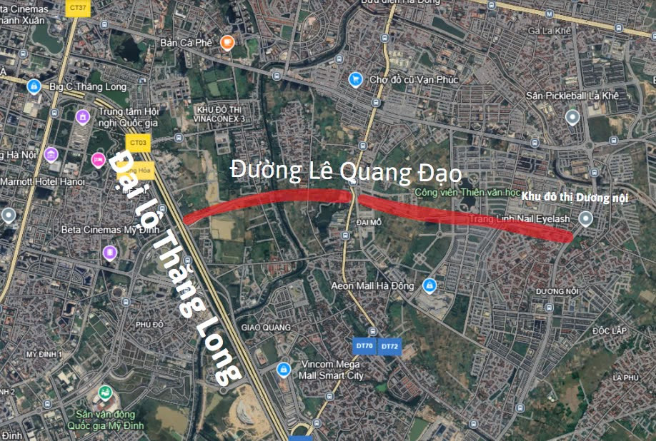 Dự án đầu tư xây dựng tuyến đường Lê Quang Đạo kéo dài có điểm đầu tại giao cắt với đại lộ Thăng Long (quận Nam Từ Liêm) điểm cuối giáp với khu đô thị Dương Nội (quận Hà Đông). Dự án đầu tư xây dựng tuyến đường Lê Quang Đạo kéo dài có điểm đầu tại giao cắt với đại lộ Thăng Long (quận Nam Từ Liêm) điểm cuối giáp với khu đô thị Dương Nội (quận Hà Đông).