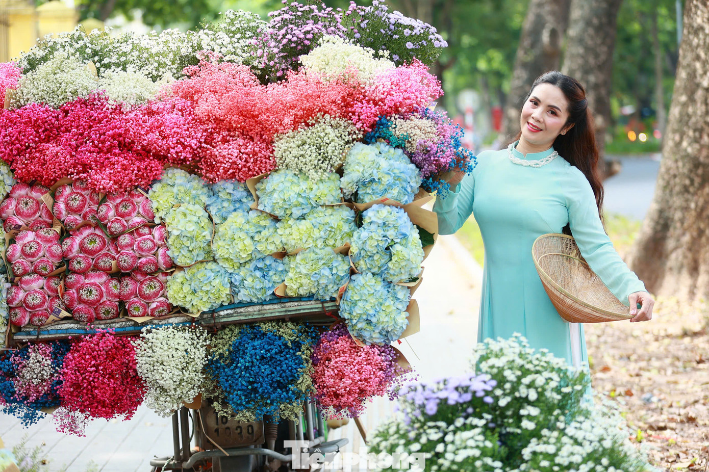 Thu Hà Nội còn được tô điểm bởi những xe bán hoa rong chở đầy cúc họa mi, hoa hướng dương, hoa đồng tiền… rong ruổi trên khắp phố phường được nhiều người săn đón lưu giữ trọn vẹn khoảnh khắc sắc thu tuyệt đẹp.