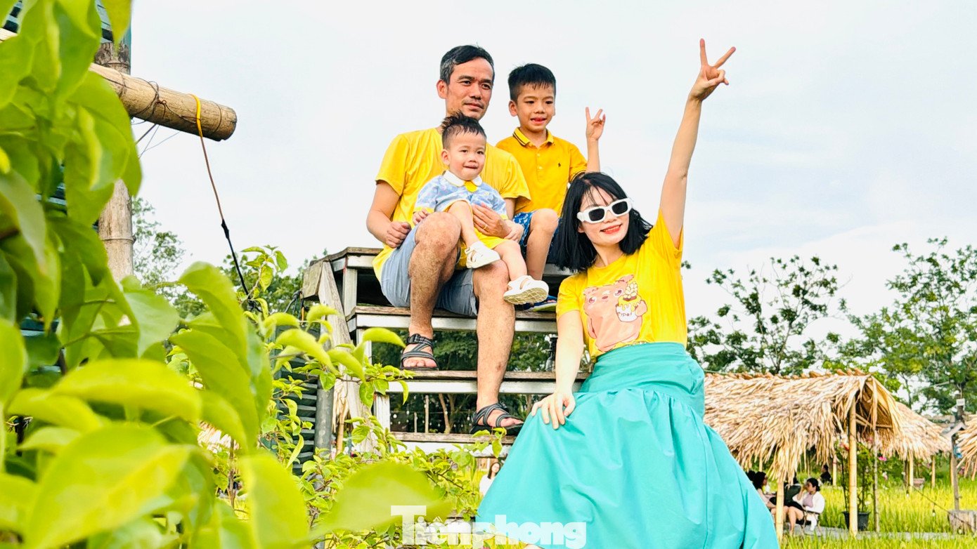 Trên ruộng lúa rộng khoảng gần 2.000m2 giữa cánh đồng của làng, quán cà phê chỉ đơn giản với 5 chiếc chòi lợp lá cọ, không điều hòa, không máy lạnh, hòa mình hoàn toàn với thiên nhiên đã thực sự khiến các gia đình vô cùng thích thú.