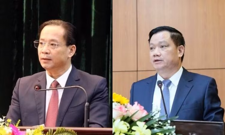 Đồng chí Hoàng Văn Nghiệm (trái) và Nguyễn Khắc Thận phát biểu nhận nhiệm vụ.