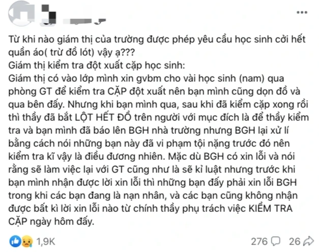 Thông tin giám thị lột đồ học sinh liên tục được chia sẻ trên mạng xã hội tối 14/4 (Ảnh chụp lại màn hình).