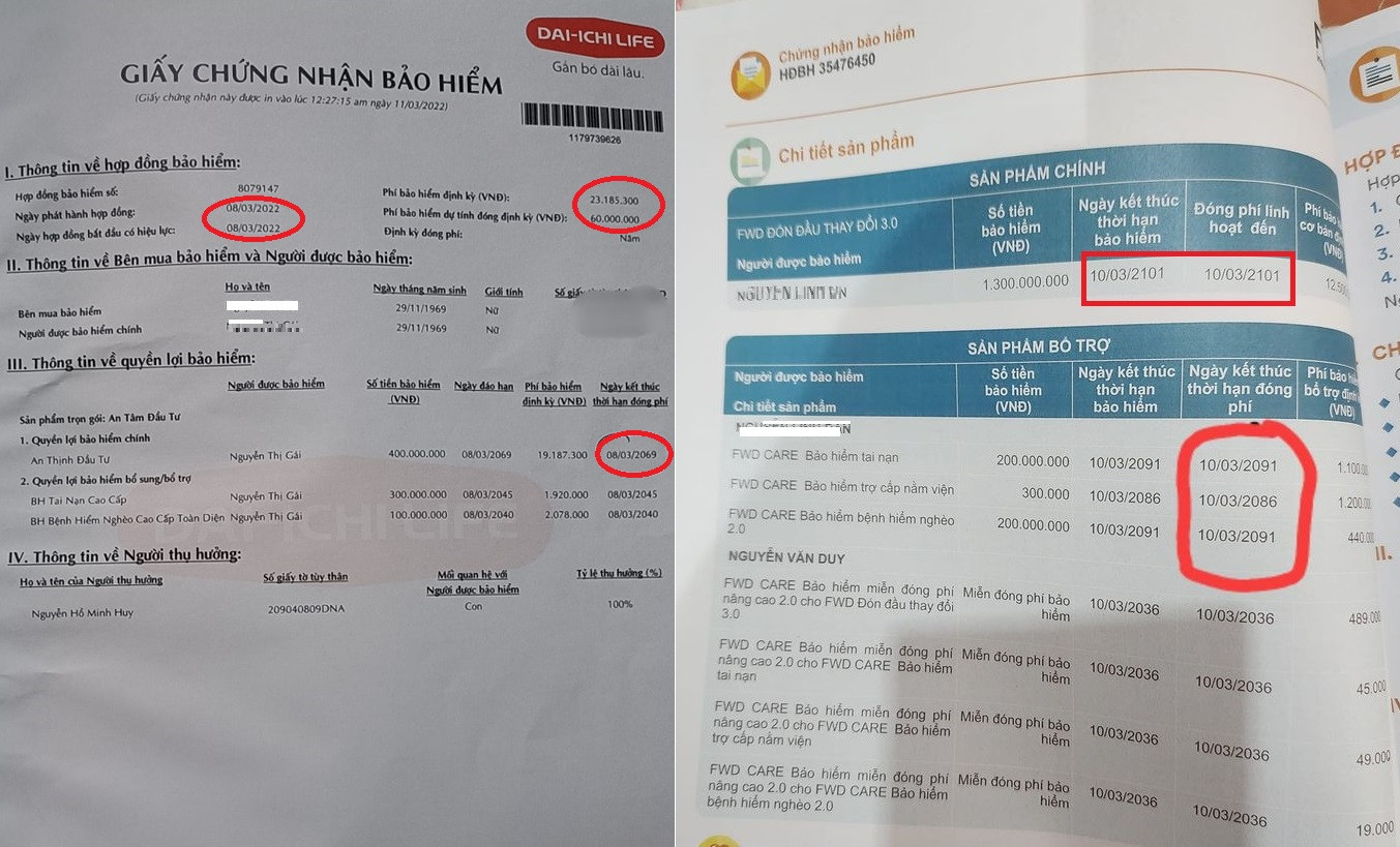 Hợp đồng có thời hạn đóng phí đến năm 100 tuổi của bà N.T.G. (bên trái) và hợp đồng có thời hạn đóng phí linh hoạt đến năm 2121 của khách hàng N.L.Đ. Hợp đồng có thời hạn đóng phí đến năm 100 tuổi của bà N.T.G. (bên trái) và hợp đồng có thời hạn đóng phí linh hoạt đến năm 2121 của khách hàng N.L.Đ.