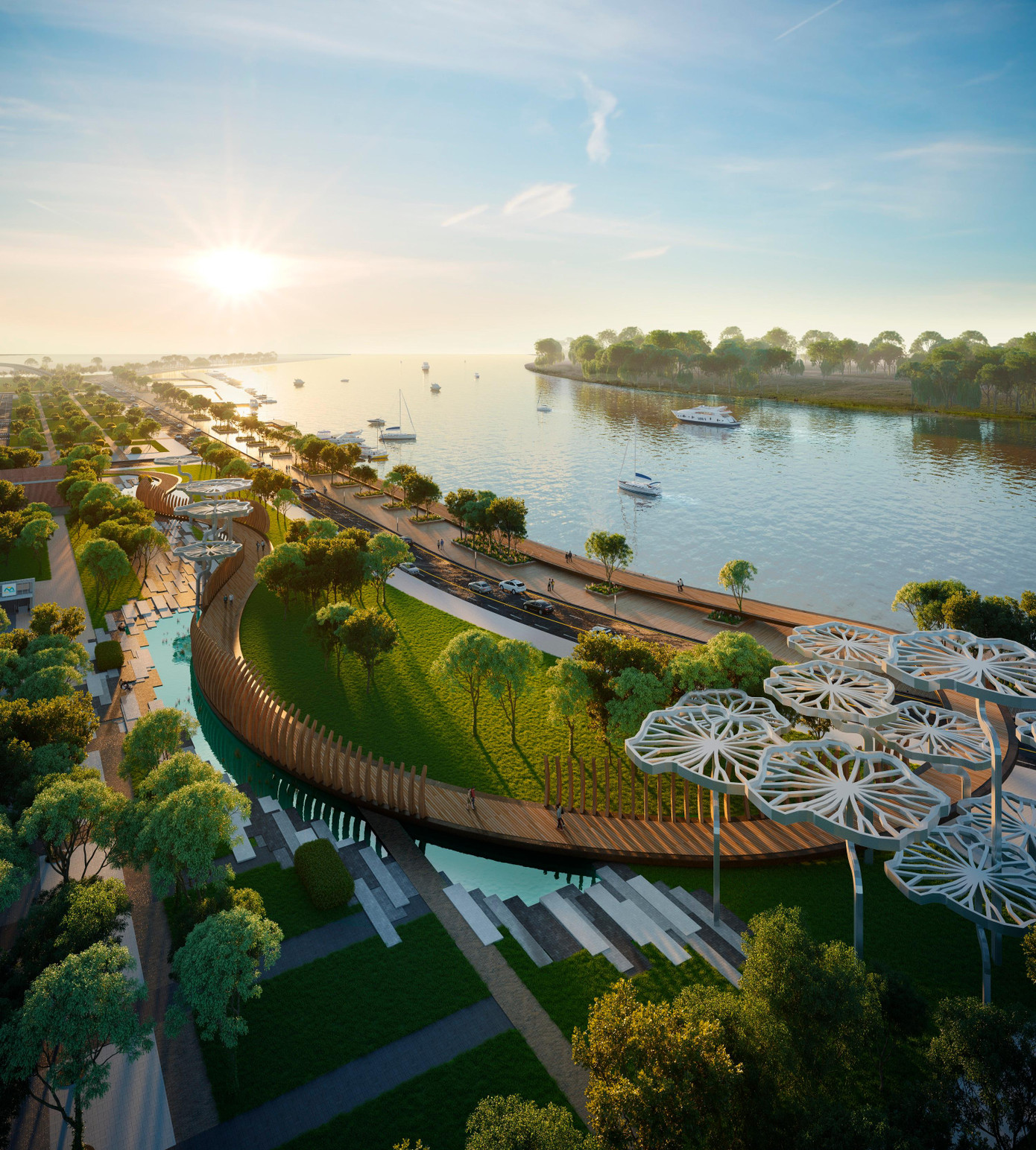 Bình minh tại công viên ven sông của Grand Marina, Saigon